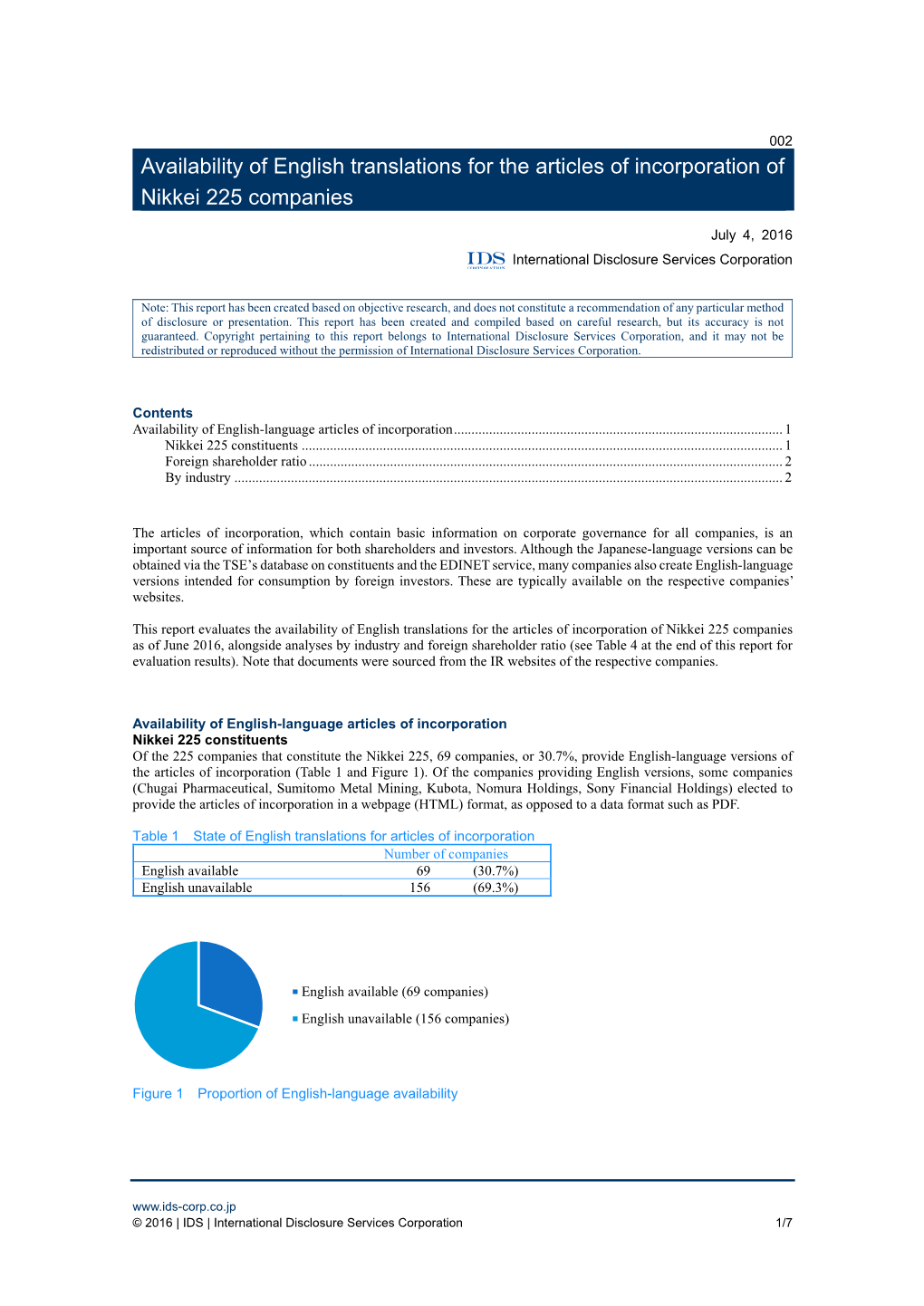 Availability of English Translations for the Articles of Incorporation of Nikkei 225 Companies