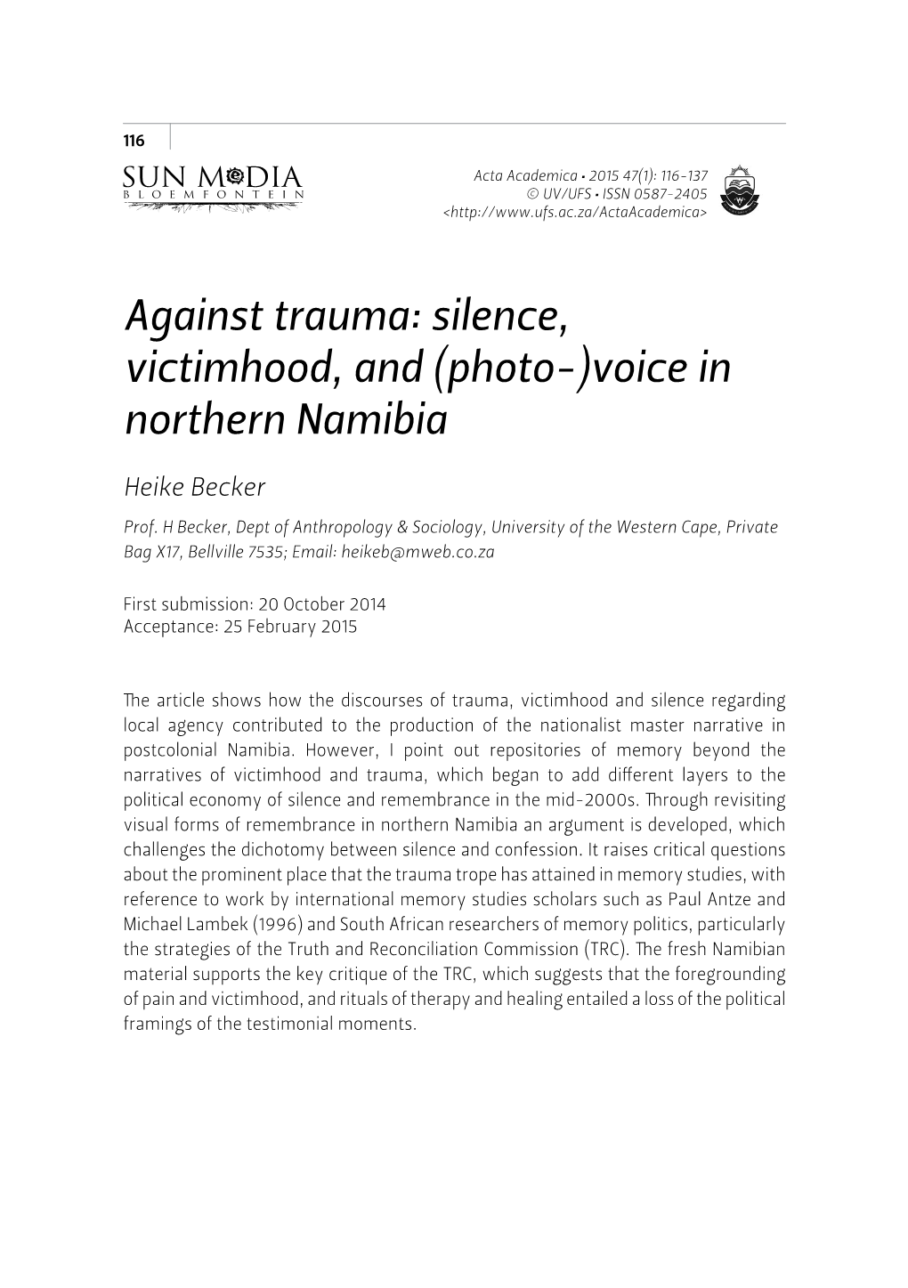 Against Trauma: Silence, Victimhood, and (Photo-)Voice in Northern Namibia