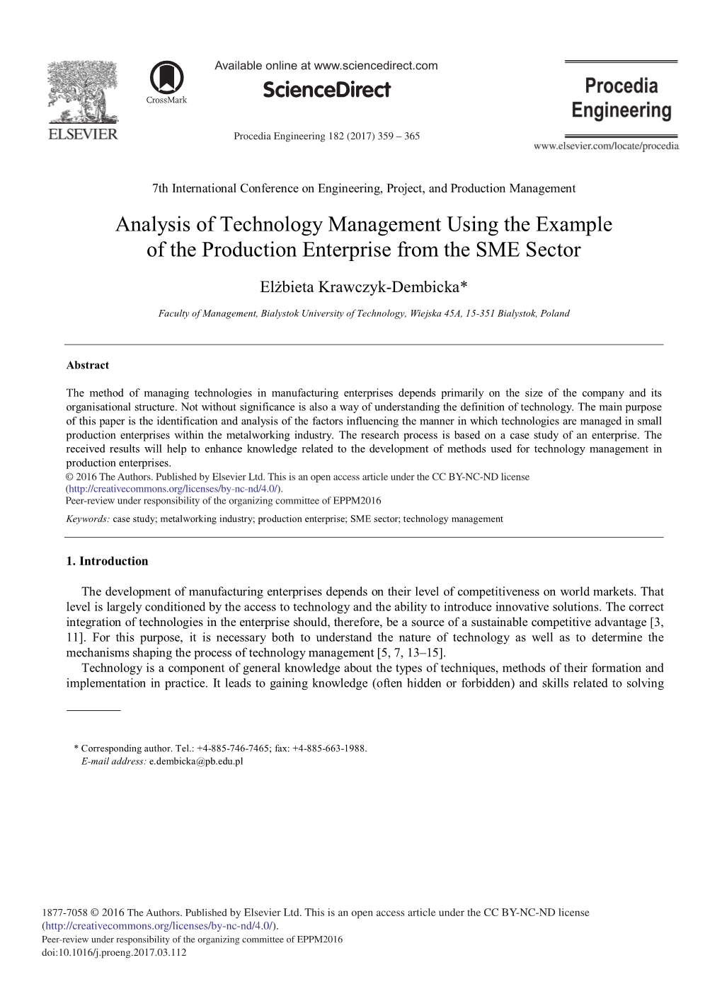 Analysis of Technology Management Using the Example of the Production Enterprise from the SME Sector