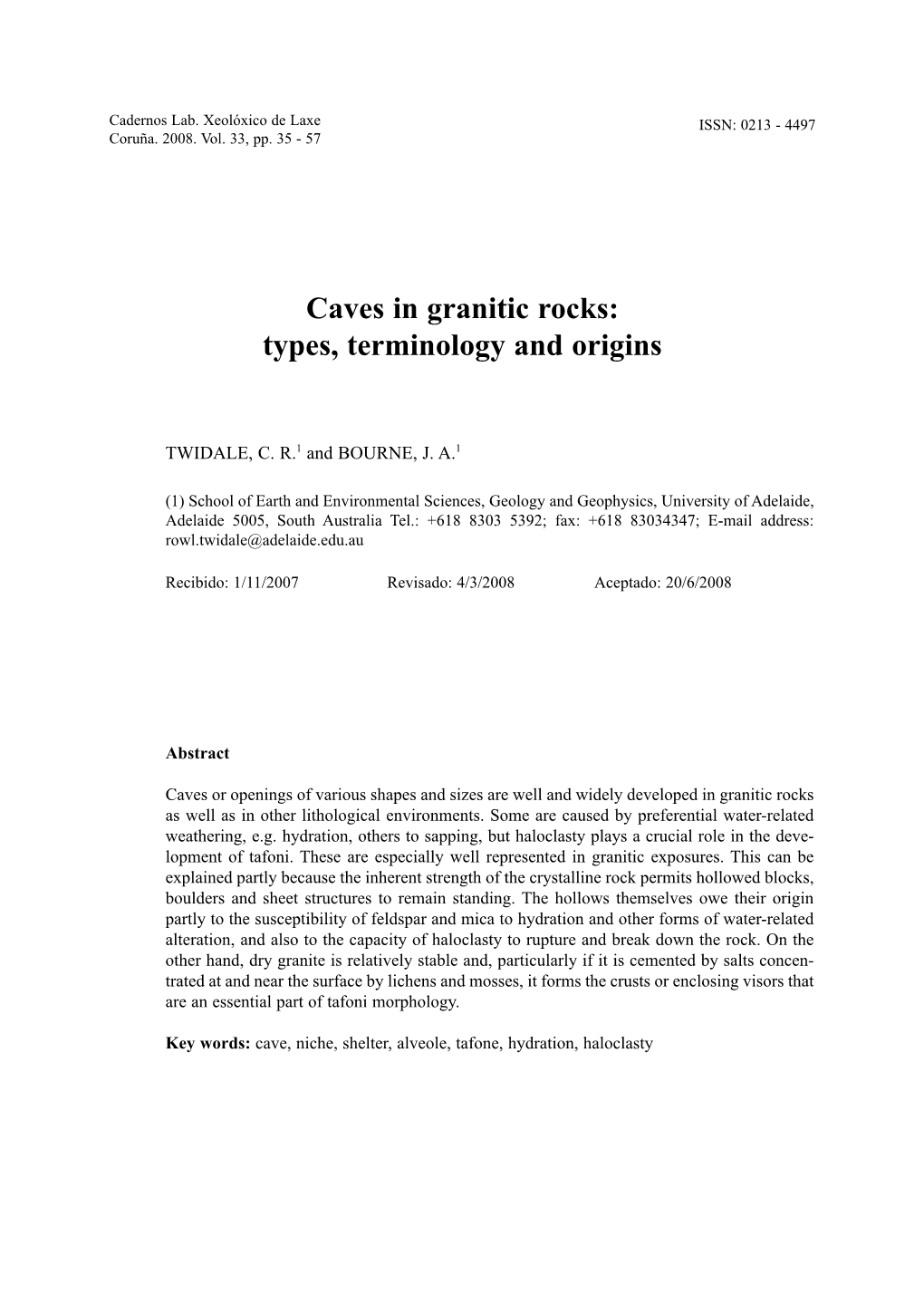 Caves in Granitic Rocks: Types, Terminology and Origins