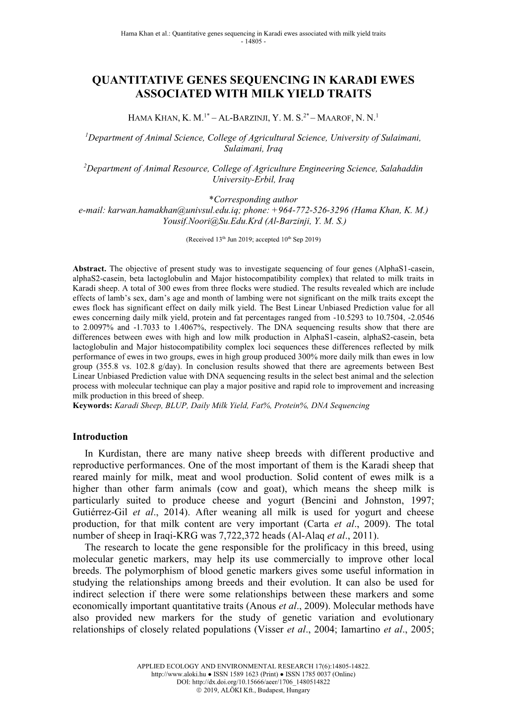 Hama Khan, K. M. – Al-Barzinji, Y. M. S. – Maarof, N. N.: Quantitative Genes Sequencing in Karadi Ewes Associated With