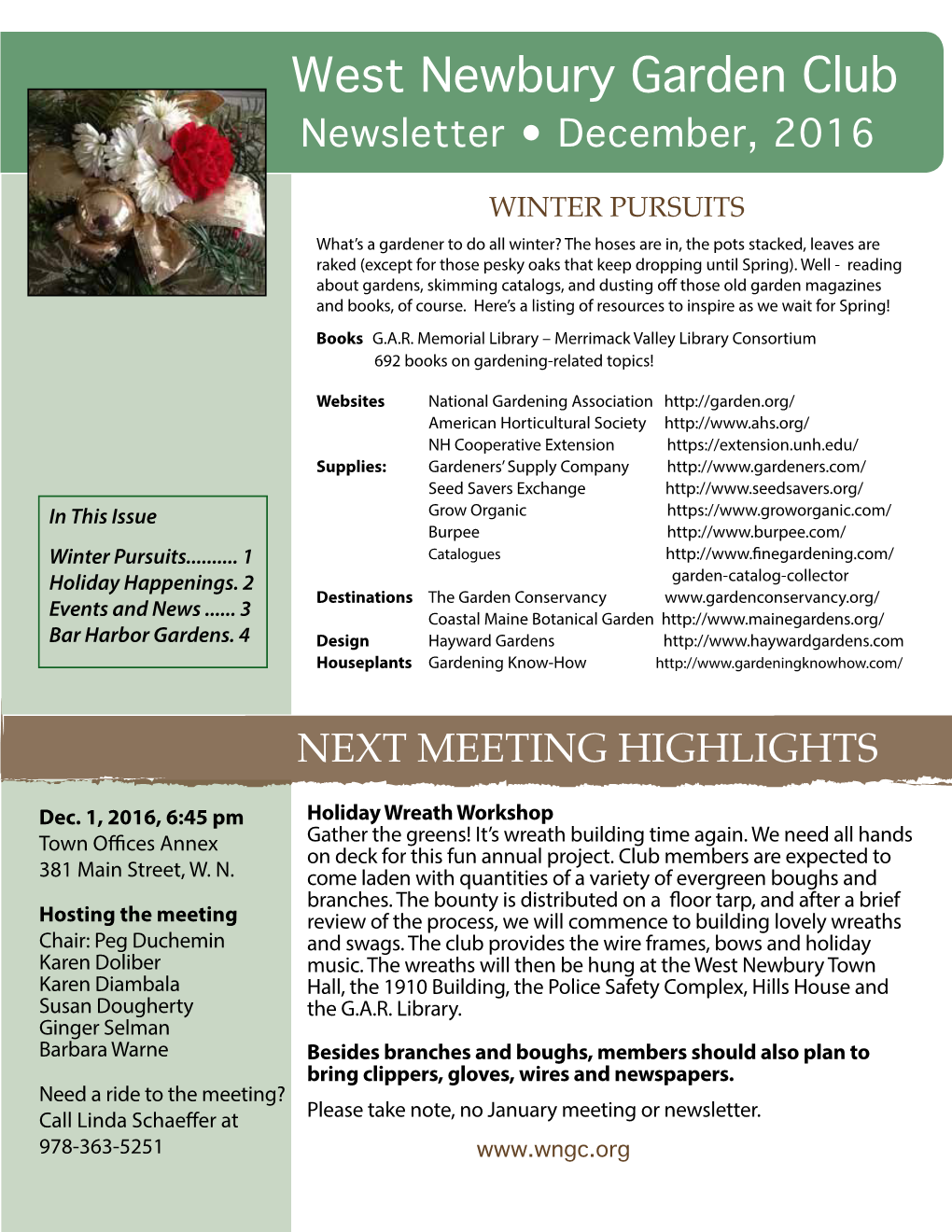 West Newbury Garden Club Newsletter • December, 2016