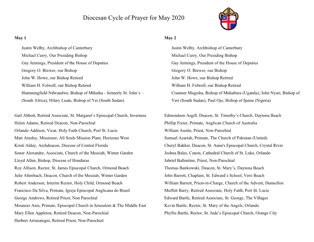 Diocesan Cycle of Prayer for May 2020