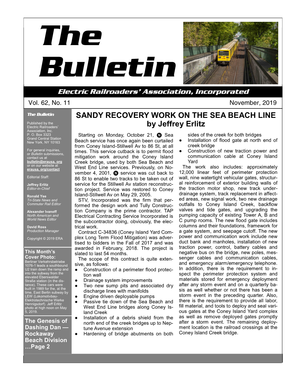 The Bulletin SANDY RECOVERY WORK on the SEA BEACH LINE Published by the Electric Railroaders’ by Jeffrey Erlitz Association, Inc