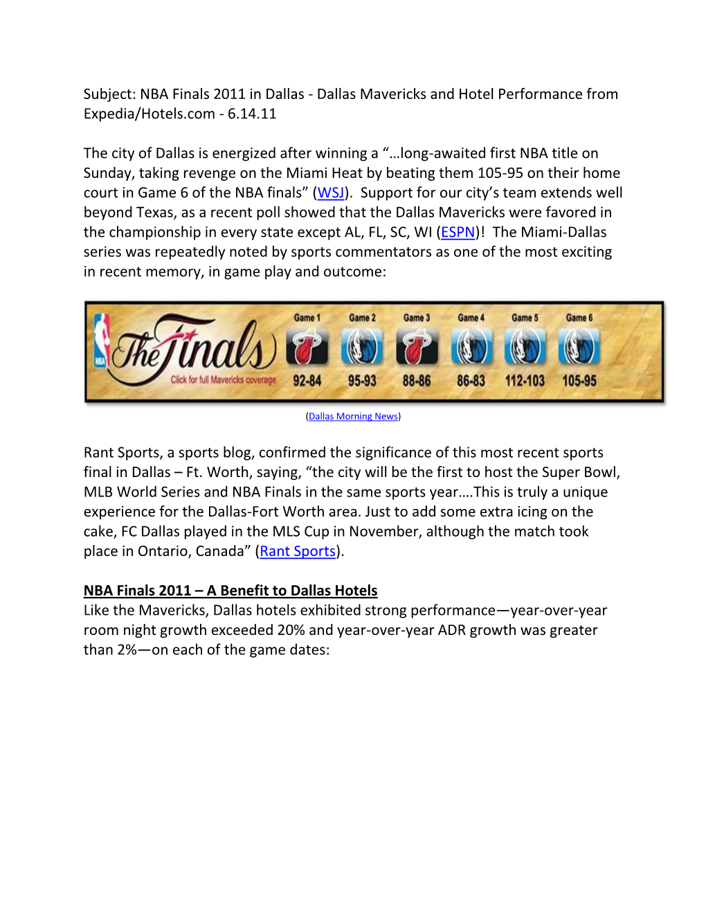 Subject: NBA Finals 2011 in Dallas - Dallas Mavericks and Hotel Performance from Expedia/Hotels.Com - 6.14.11