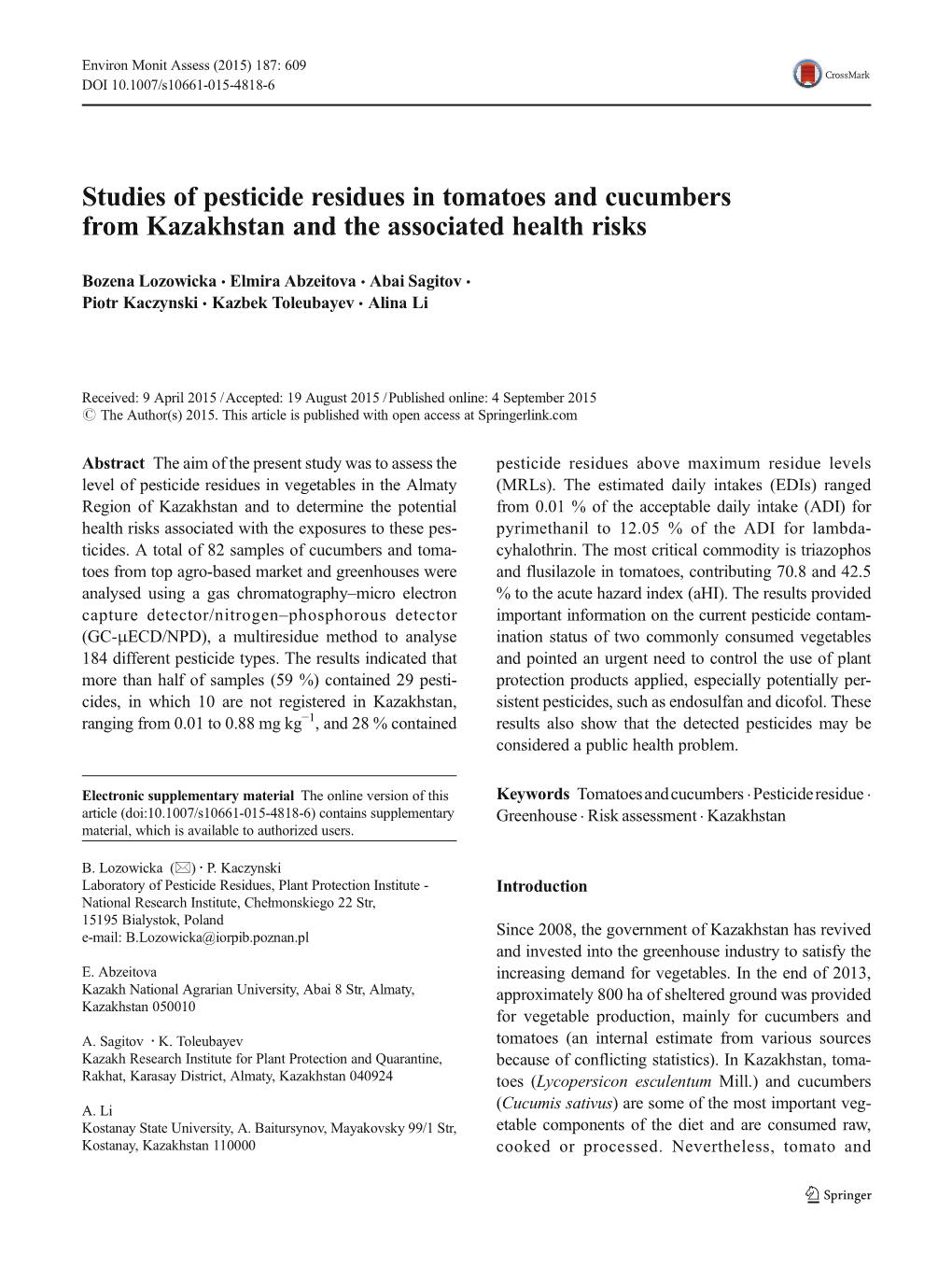 Studies of Pesticide Residues in Tomatoes and Cucumbers from Kazakhstan and the Associated Health Risks