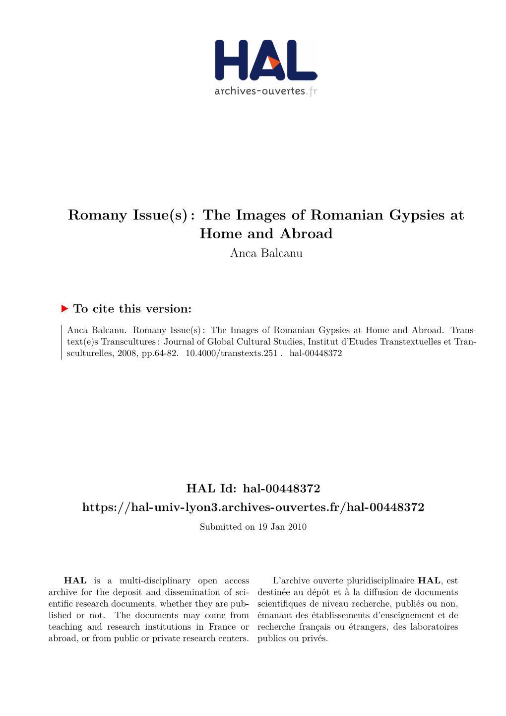 Romany Issue(S): the Images of Romanian Gypsies at Home and Abroad