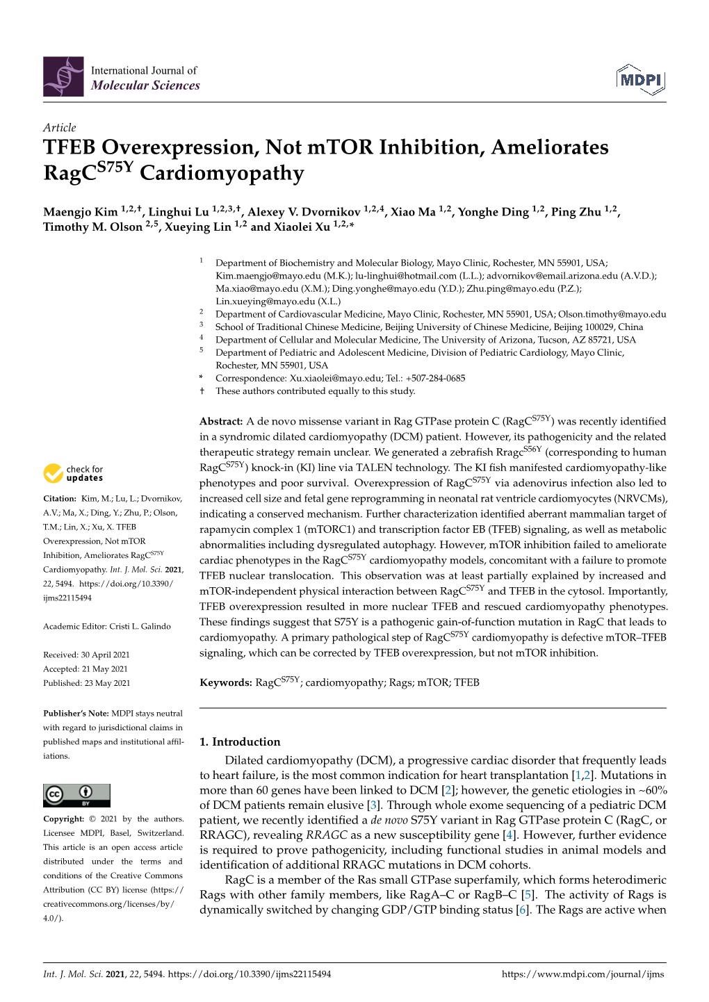 TFEB Overexpression, Not Mtor Inhibition, Ameliorates Ragcs75y Cardiomyopathy