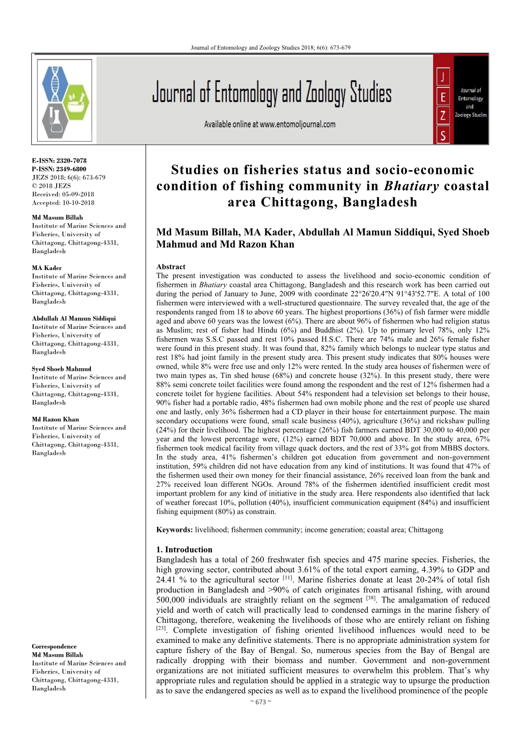 Studies on Fisheries Status and Socio-Economic Condition of Fishing