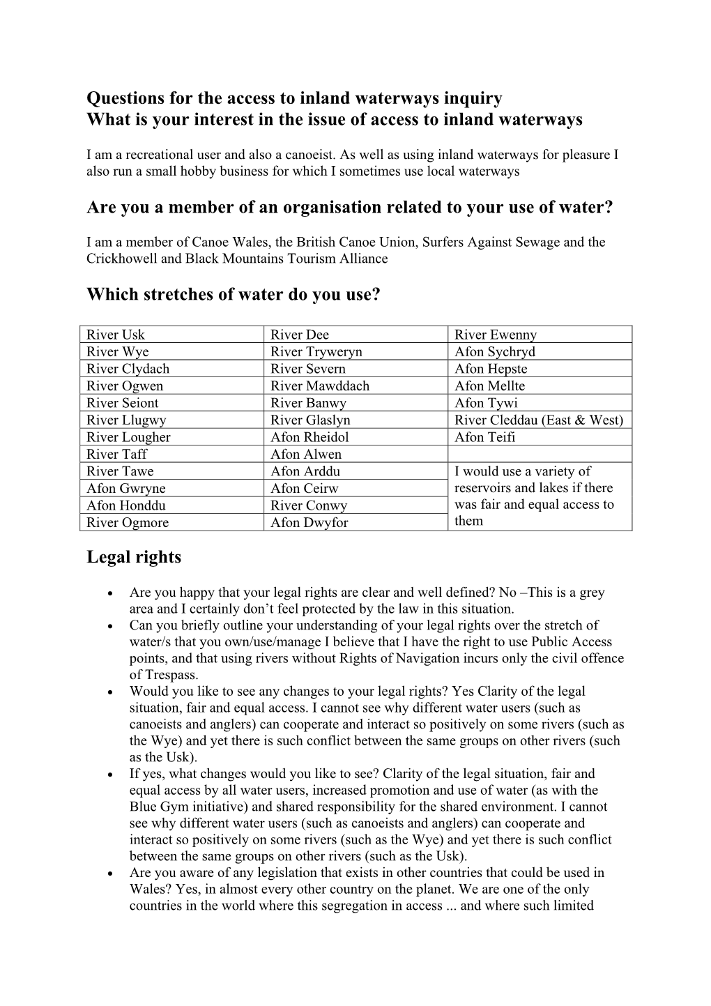 Please Can You Briefly Outline What You Think Are the Key Issues for Recreational Access to Inland Water in Wales and How You Would Like to See Them Addressed