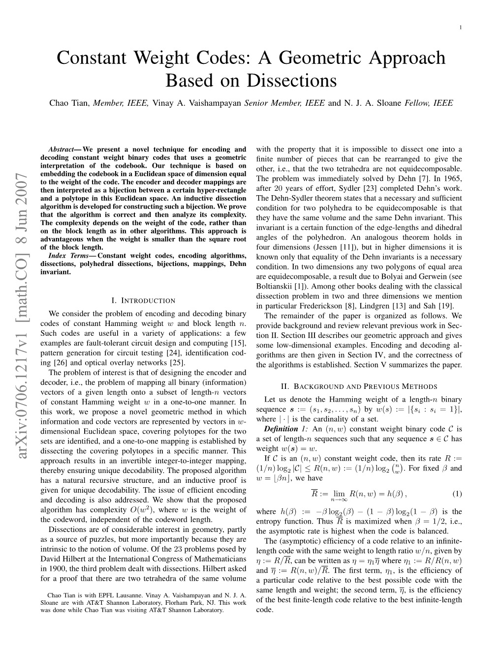 Constant Weight Codes: a Geometric Approach Based on Dissections Chao Tian, Member, IEEE, Vinay A