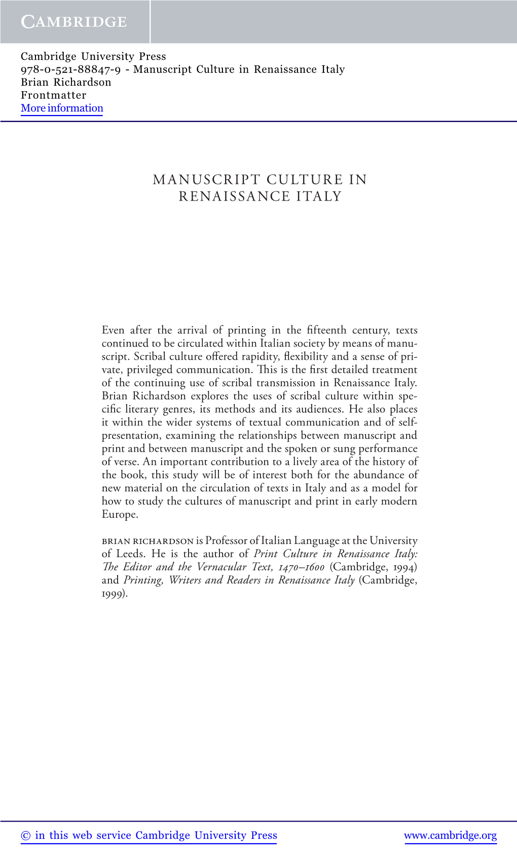 Manuscript Culture in Renaissance Italy Brian Richardson Frontmatter More Information