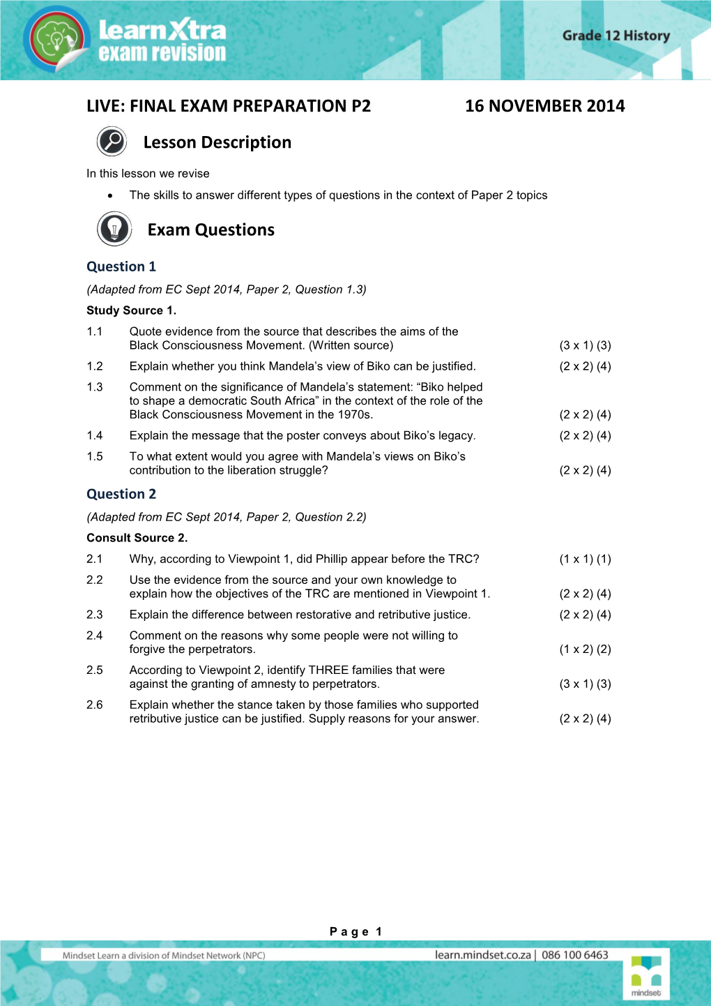 LIVE: FINAL EXAM PREPARATION P2 16 NOVEMBER 2014 Lesson Description