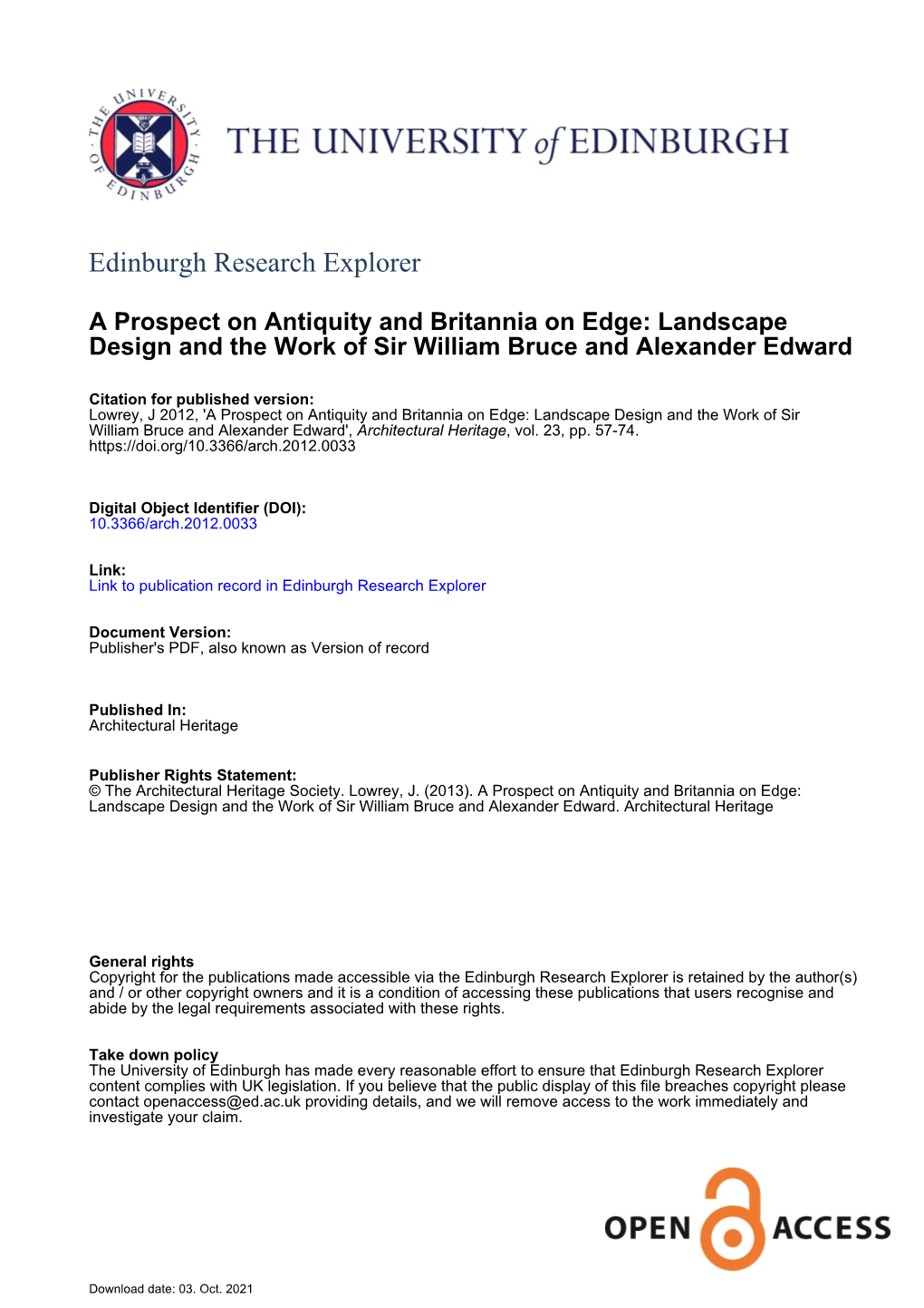 Landscape Design and the Work of Sir William Bruce and Alexander Edward', Architectural Heritage, Vol