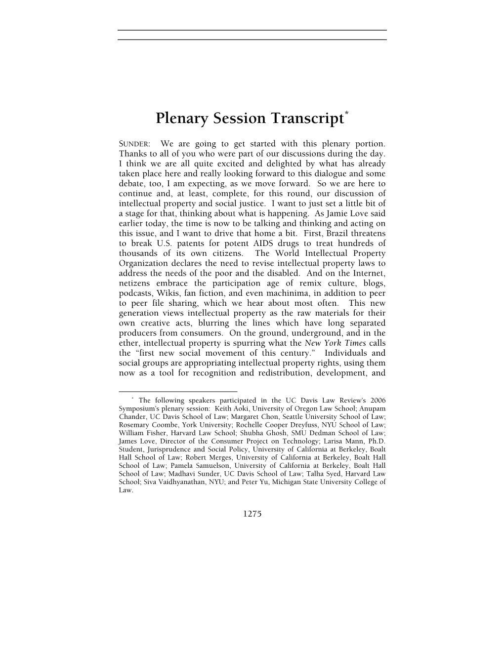 Plenary Session Transcript*