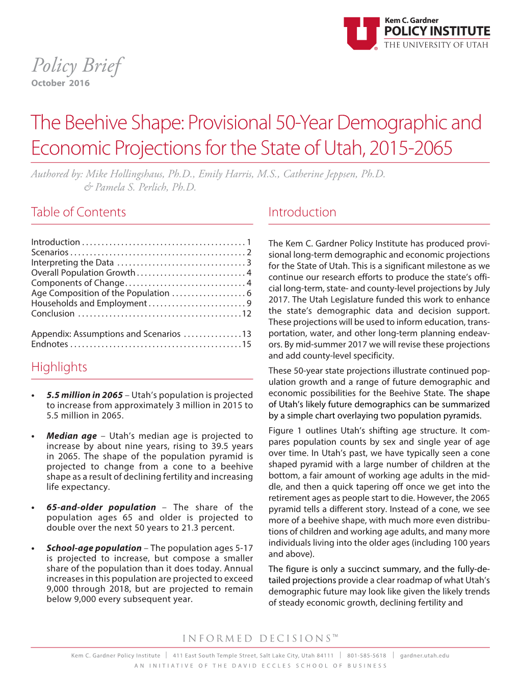 Provisional 50-Year Demographic and Economic Projections for the State of Utah, 2015-2065