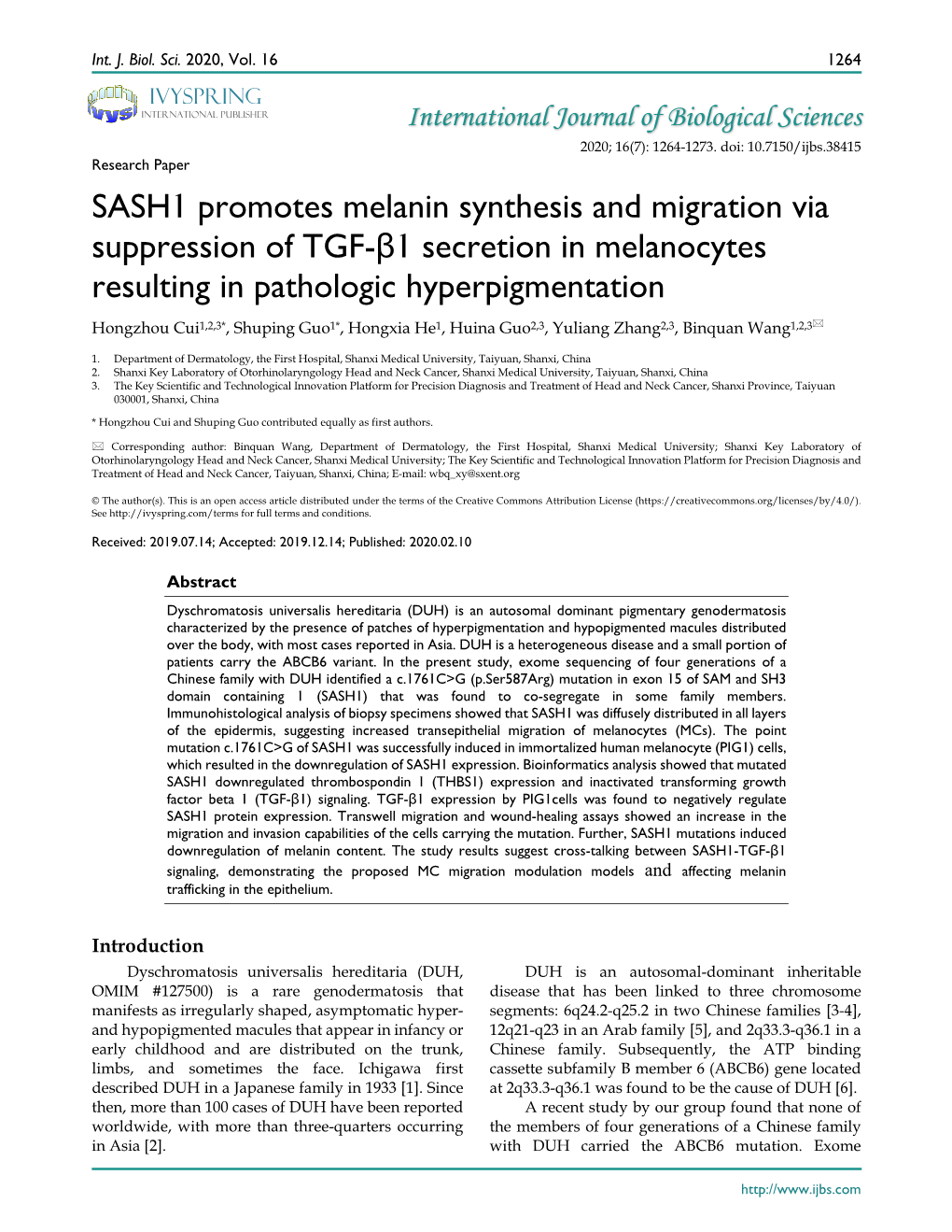 SASH1 Promotes Melanin Synthesis and Migration Via Suppression Of