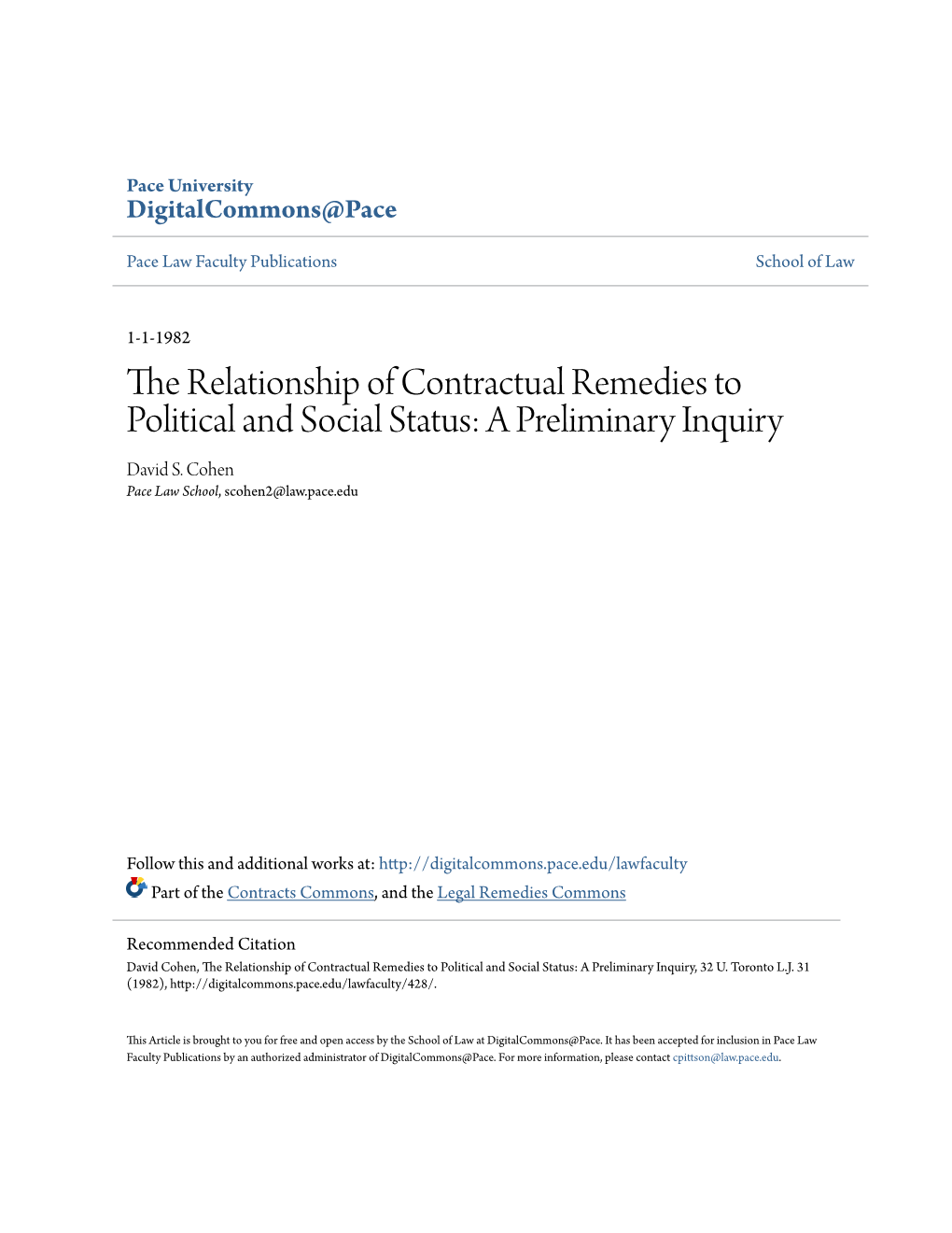 The Relationship of Contractual Remedies to Political and Social Status: a Preliminary Inquiry David S