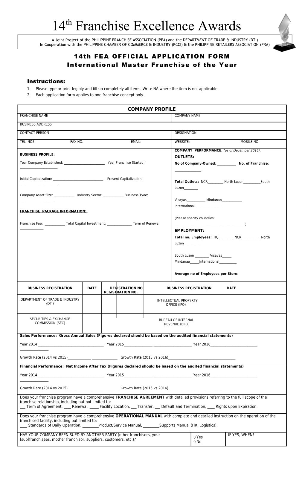 14Th FEA OFFICIAL APPLICATION FORM