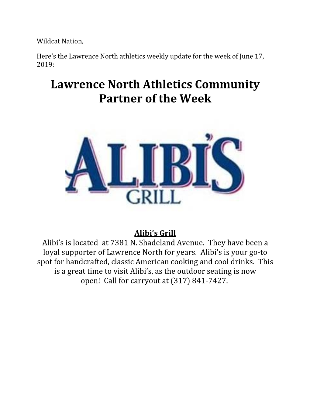 Lawrence North Athletics Community Partner of the Week