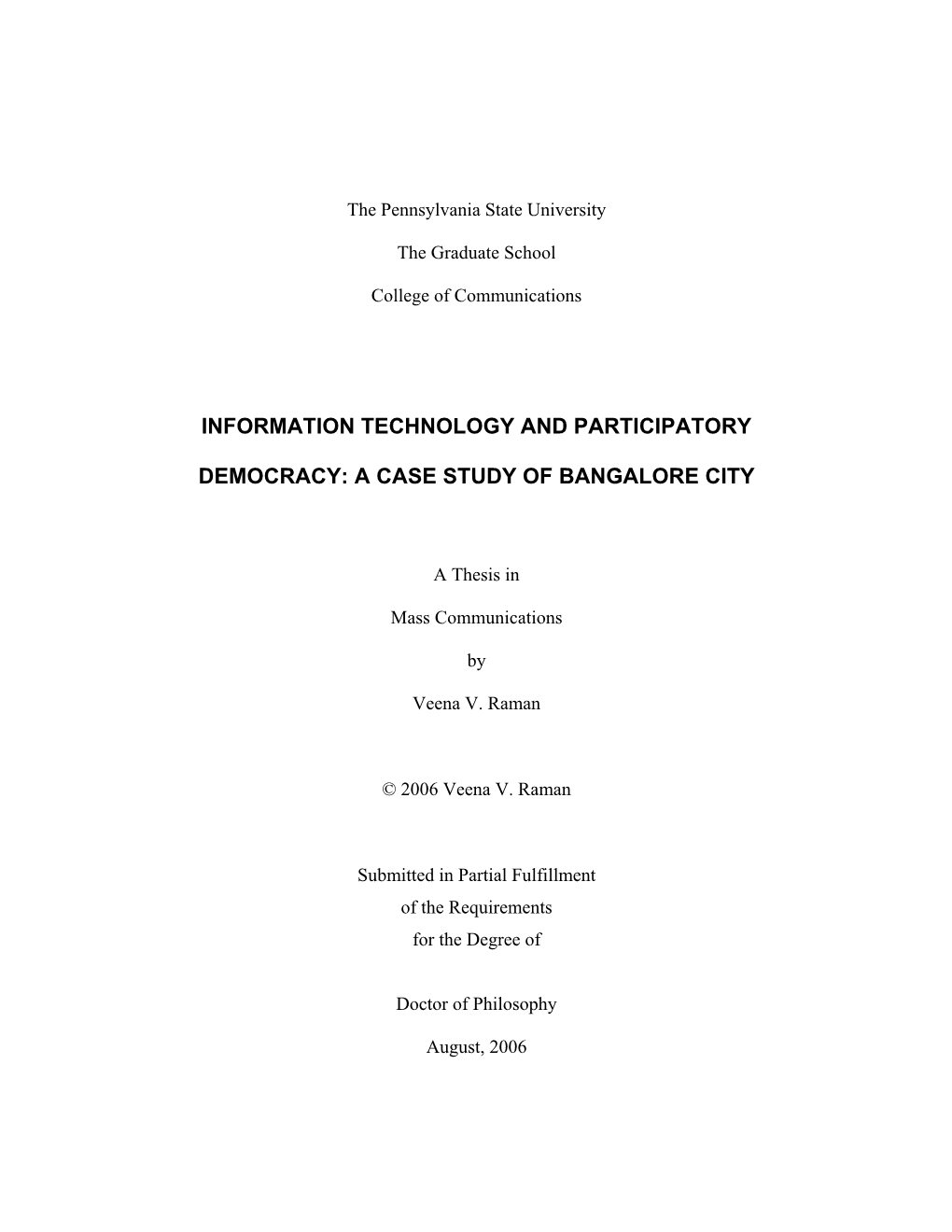 A Case Study of Bangalore City