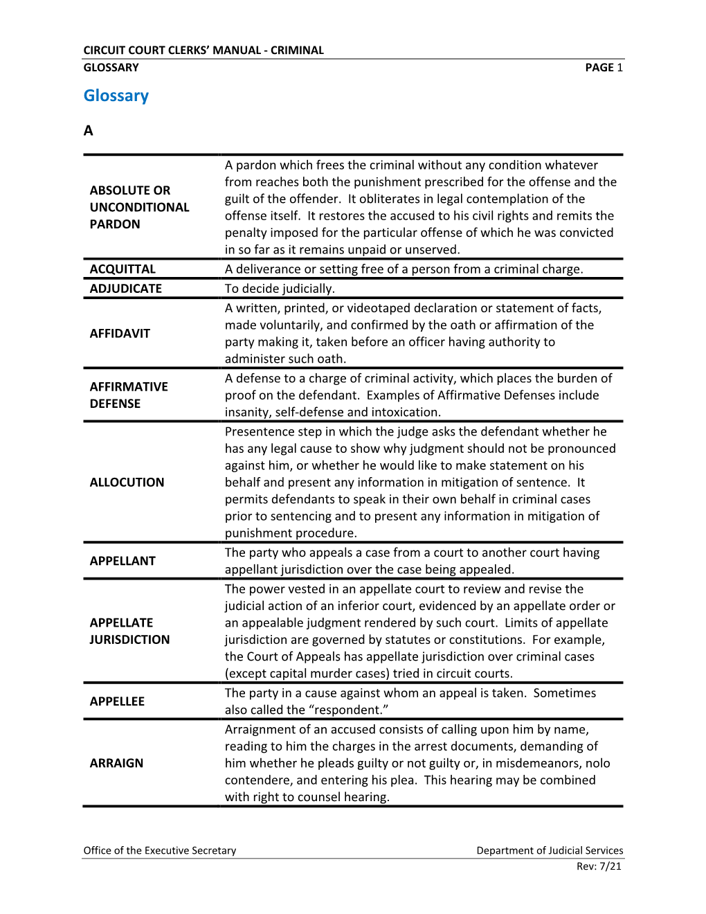 CIRCUIT COURT CLERKS’ MANUAL - CRIMINAL GLOSSARY PAGE 1 Glossary