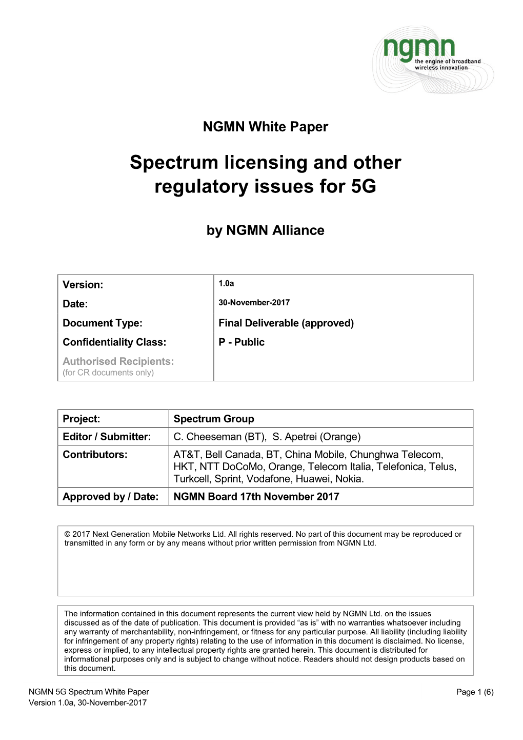 NGMN 5G Spectrum White Paper Page 1 (6) Version 1.0A, 30-November-2017