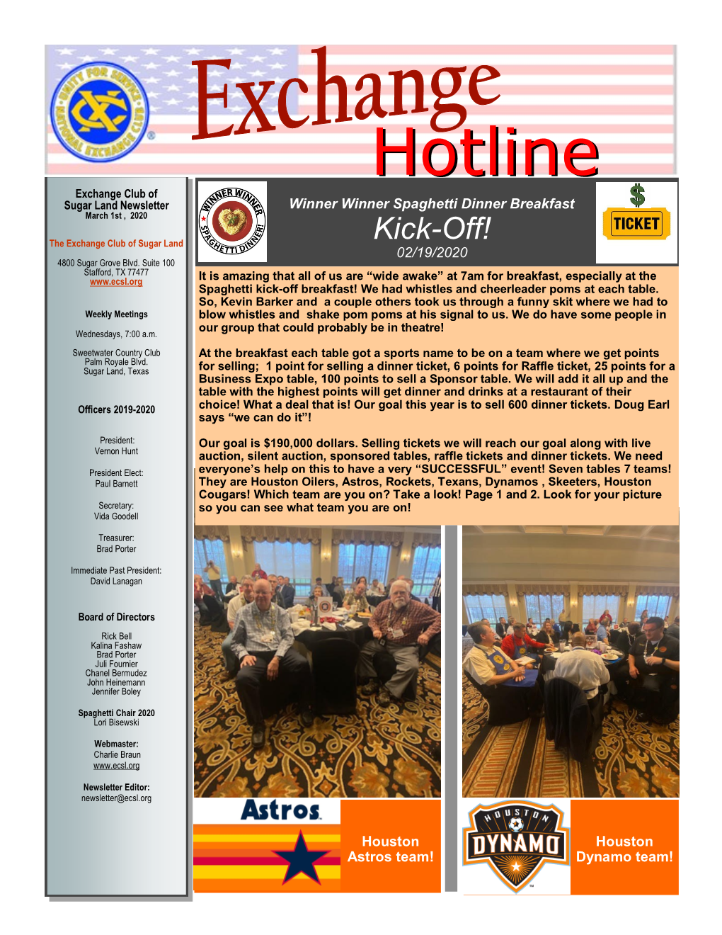 Hotlinehotline Exchange Club of Sugar Land Newsletter Winner Winner Spaghetti Dinner Breakfast March 1St , 2020