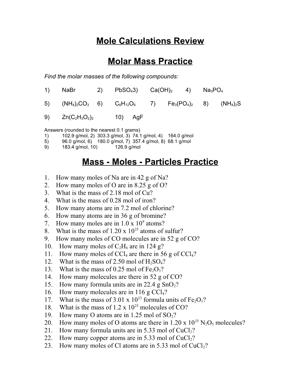 Molar Mass Practice Worksheet