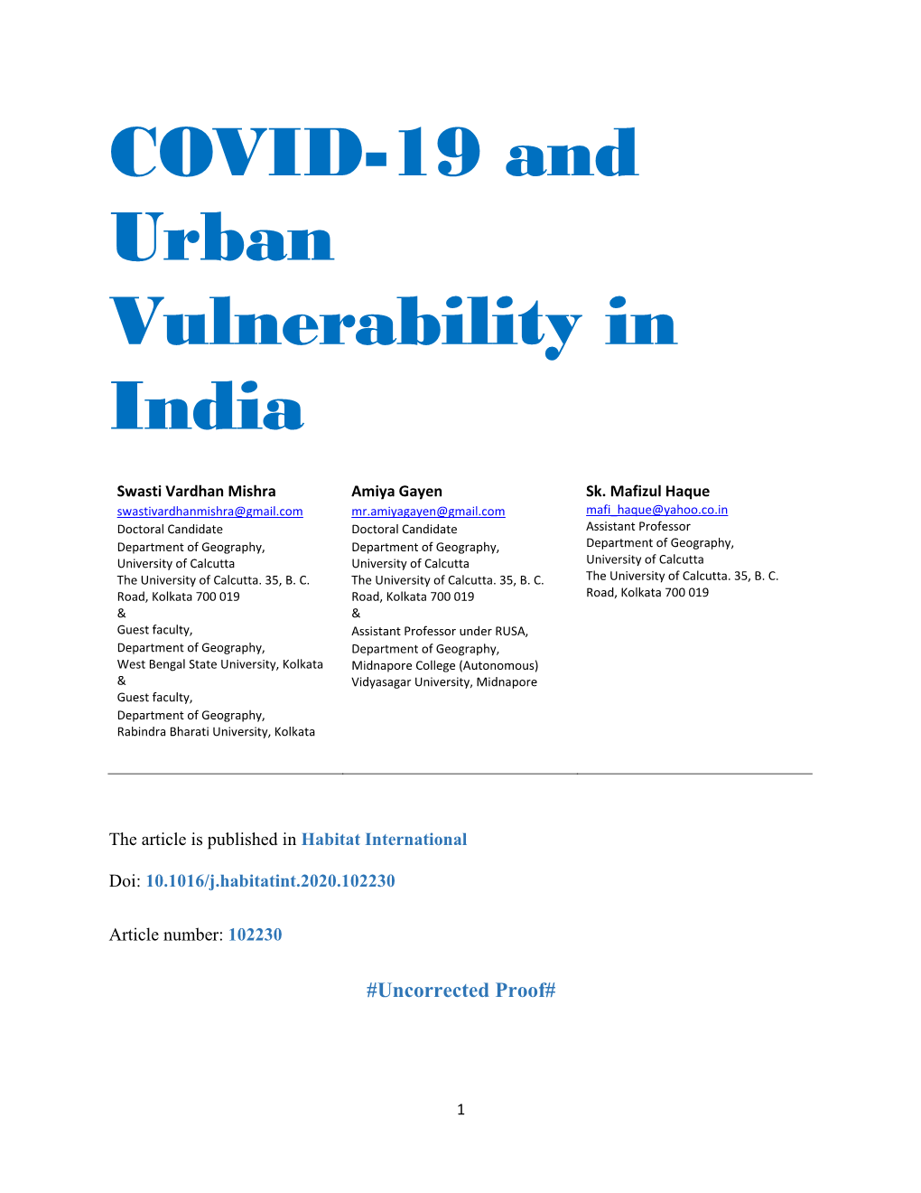 COVID-19 and Urban Vulnerability in India