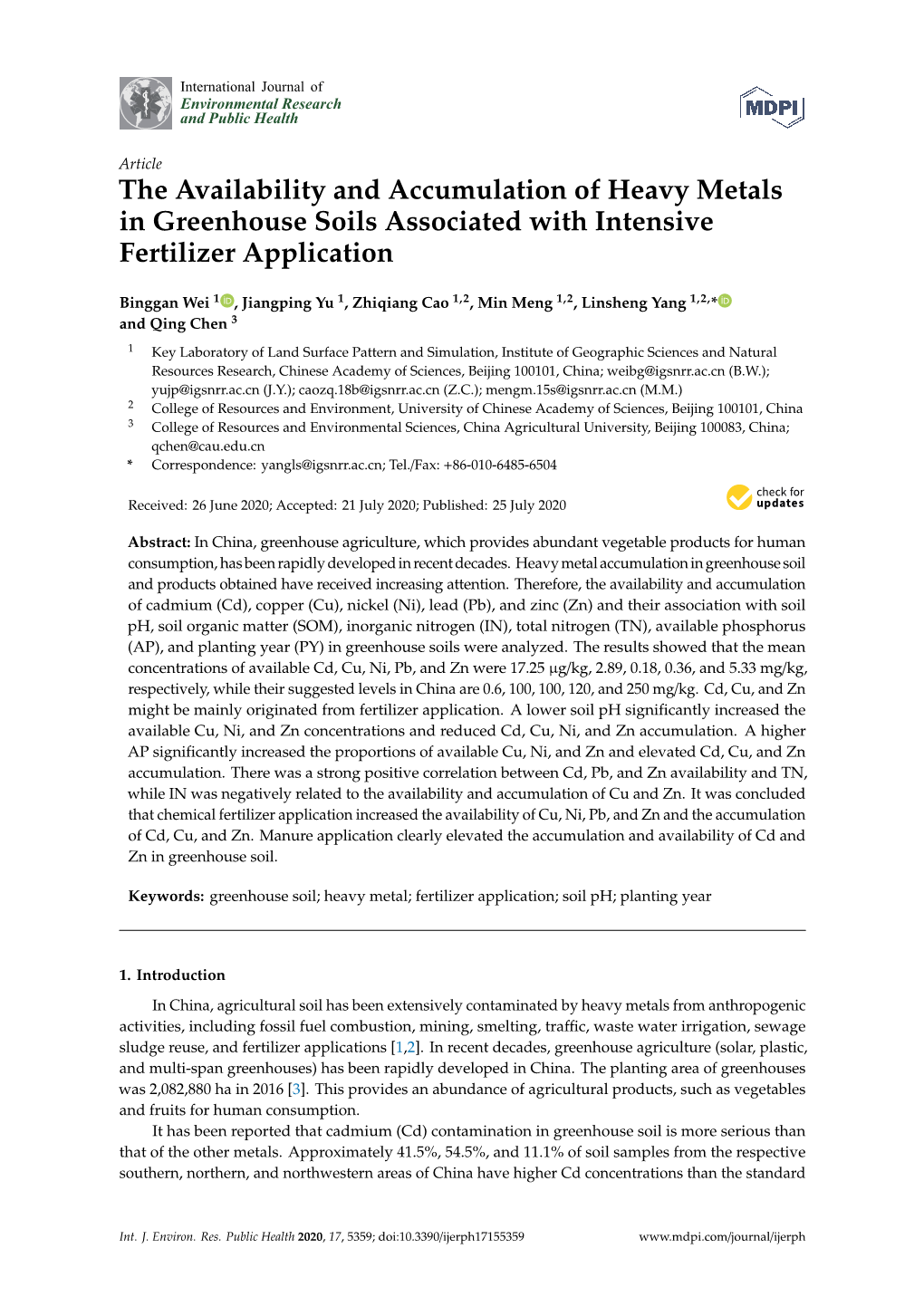 The Availability and Accumulation of Heavy Metals in Greenhouse Soils Associated with Intensive Fertilizer Application