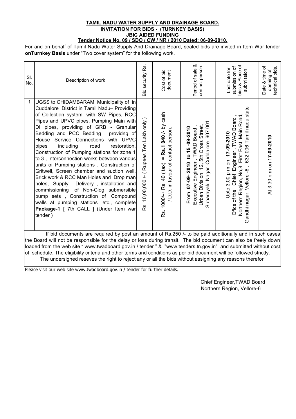 1 UGSS to CHIDAMBARAM Municipality of in Cuddalore District in Tamil Nadu– Providing of Collection System with SW Pipes, RCC Pipes and UPVC Pipes, Pumping Main With