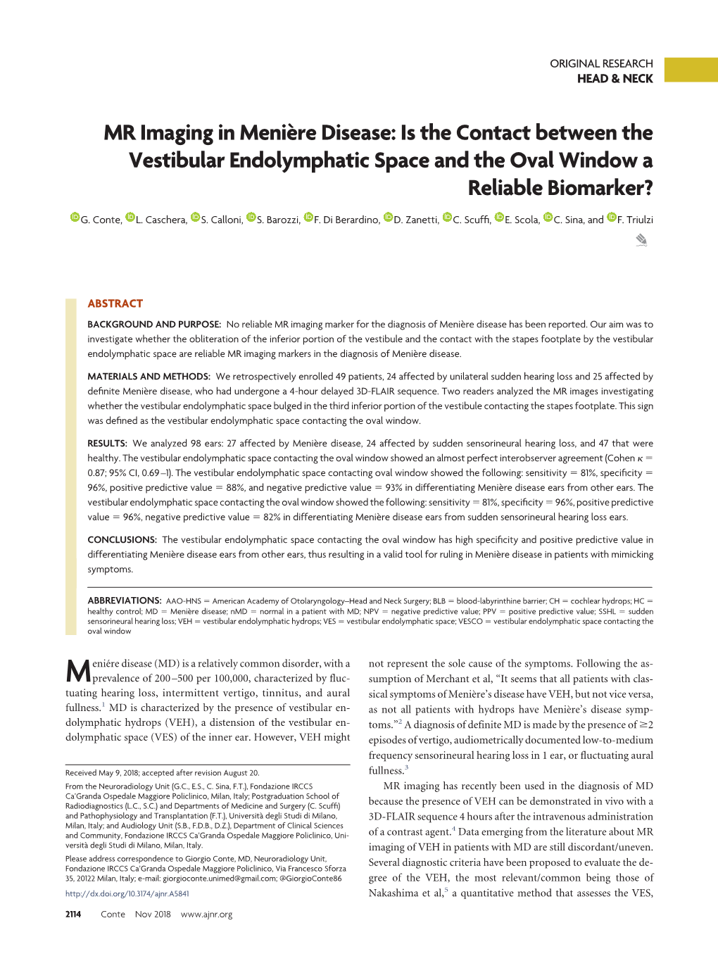 MR Imaging in Menière Disease: Is the Contact Between the Vestibular