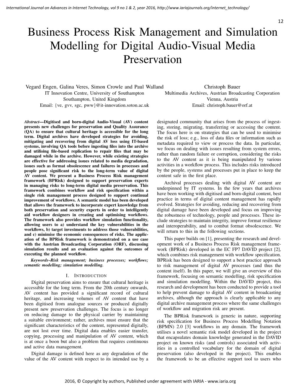 Business Process Risk Management and Simulation Modelling for Digital Audio-Visual Media Preservation