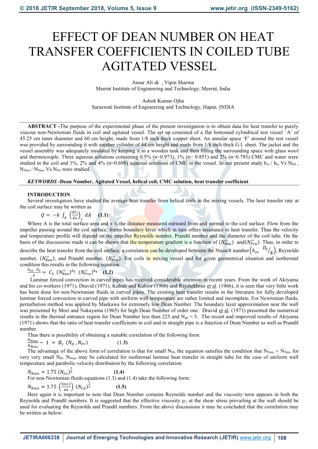 Effect of Dean Number on Heat Transfer Coefficients in Coiled Tube Agitated Vessel