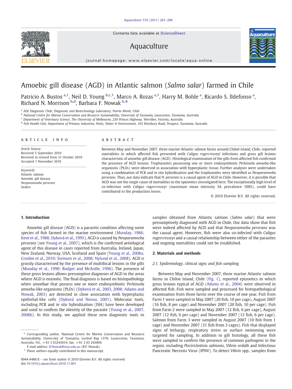 Amoebic Gill Disease (AGD) in Atlantic Salmon (Salmo Salar) Farmed in Chile