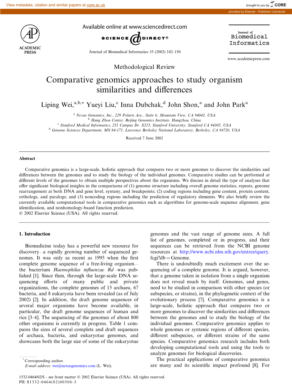 Comparative Genomics Approaches to Study Organism Similarities and Differences