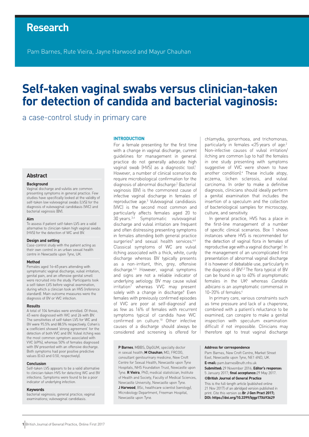 Self-Taken Vaginal Swabs Versus Clinician-Taken for Detection of Candida and Bacterial Vaginosis: a Case-Control Study in Primary Care