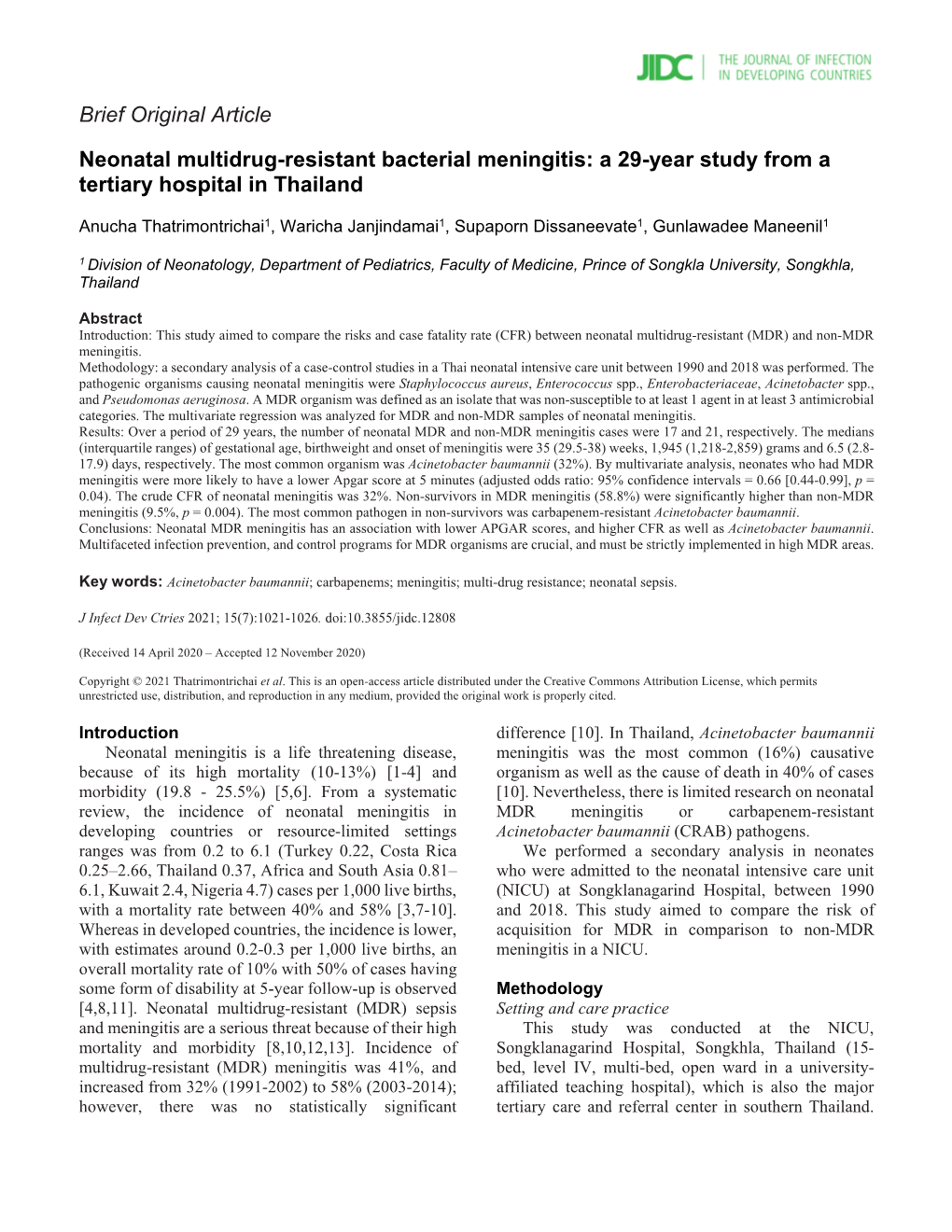 Neonatal Multidrug-Resistant Bacterial Meningitis: a 29-Year Study from a Tertiary Hospital in Thailand