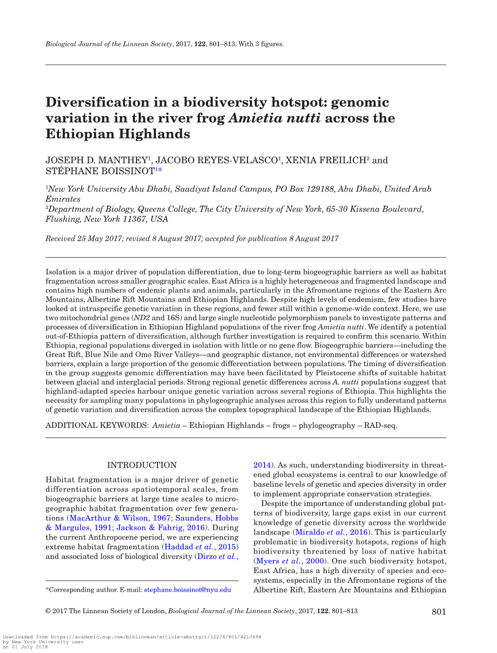 Diversification in a Biodiversity Hotspot: Genomic Variation in the River Frog Amietia Nutti Across the Ethiopian Highlands