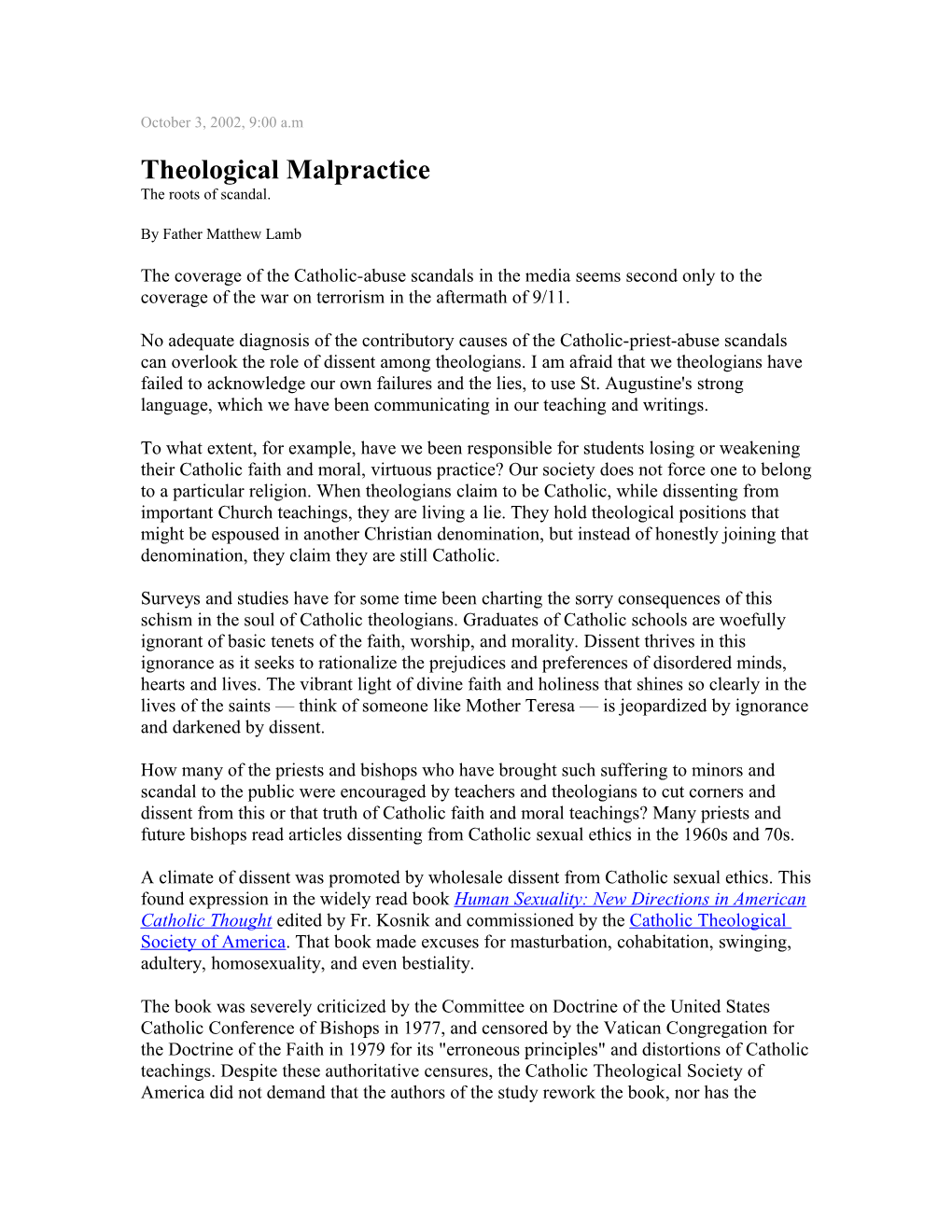 Theological Malpractice the Roots of Scandal
