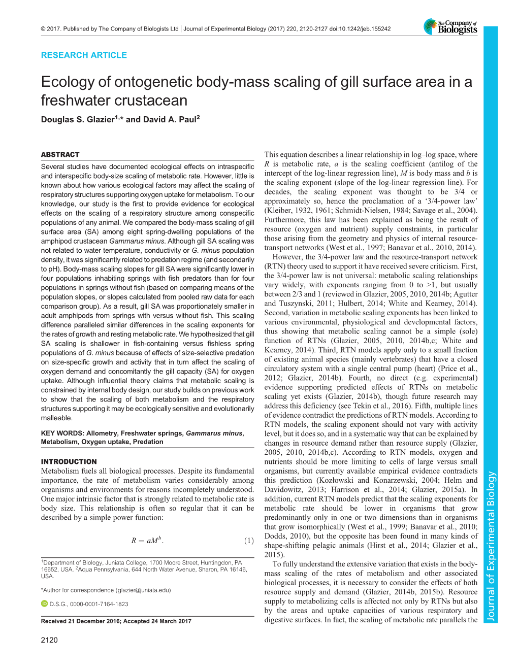 Ecology of Ontogenetic Body-Mass Scaling of Gill Surface Area in a Freshwater Crustacean Douglas S