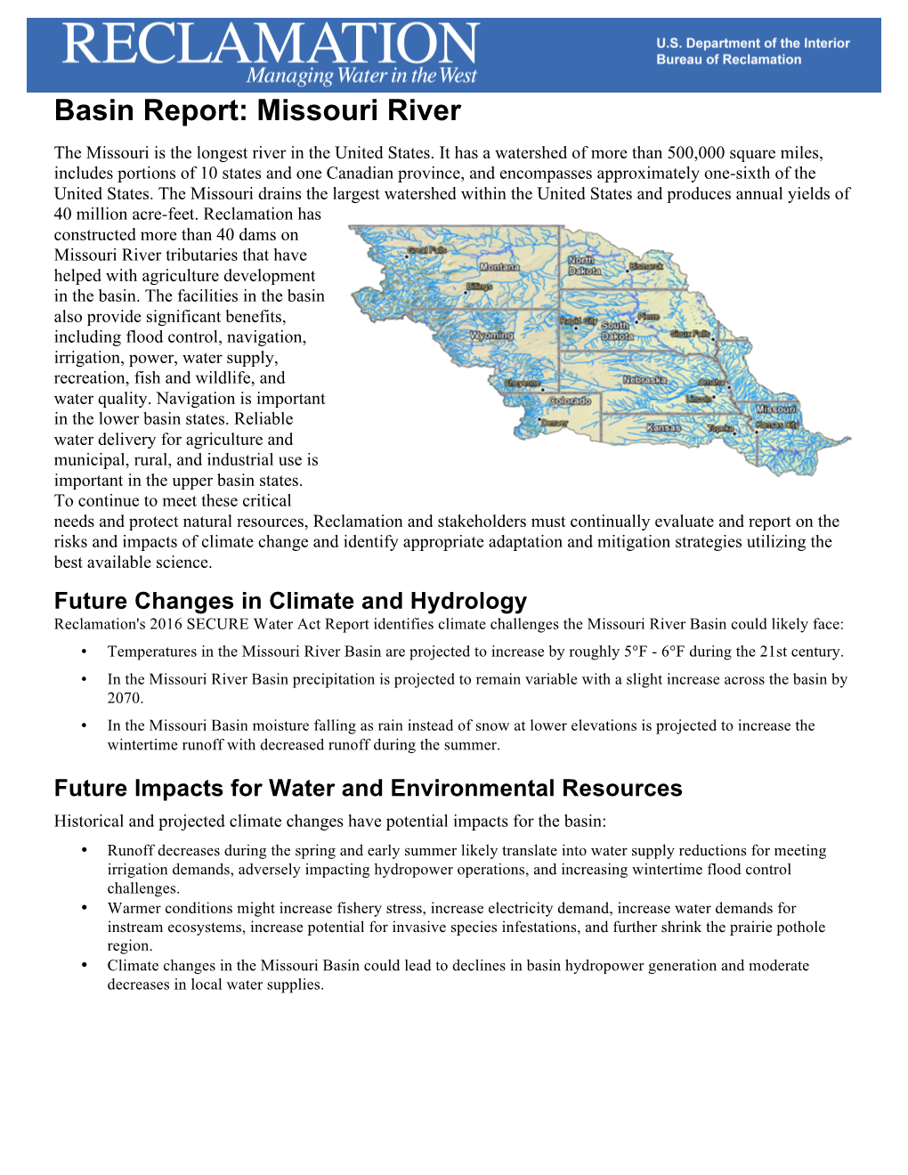 Missouri River Basin Fact Sheet