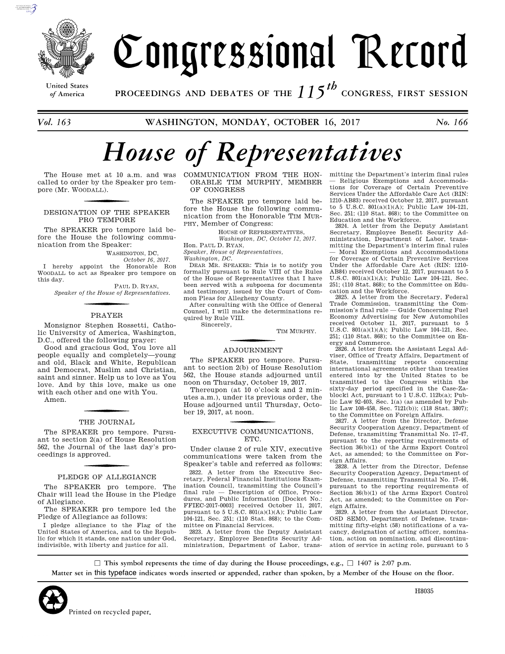 Congressional Record United States Th of America PROCEEDINGS and DEBATES of the 115 CONGRESS, FIRST SESSION