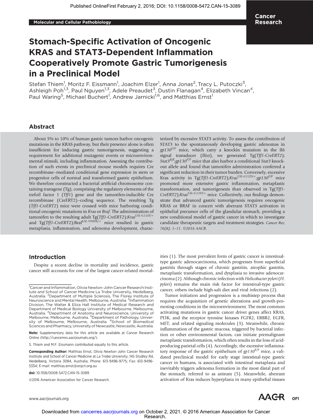 Stomach-Specific Activation of Oncogenic KRAS and STAT3-Dependent Inflammation Cooperatively Promote Gastric Tumorigenesis in a Preclinical Model