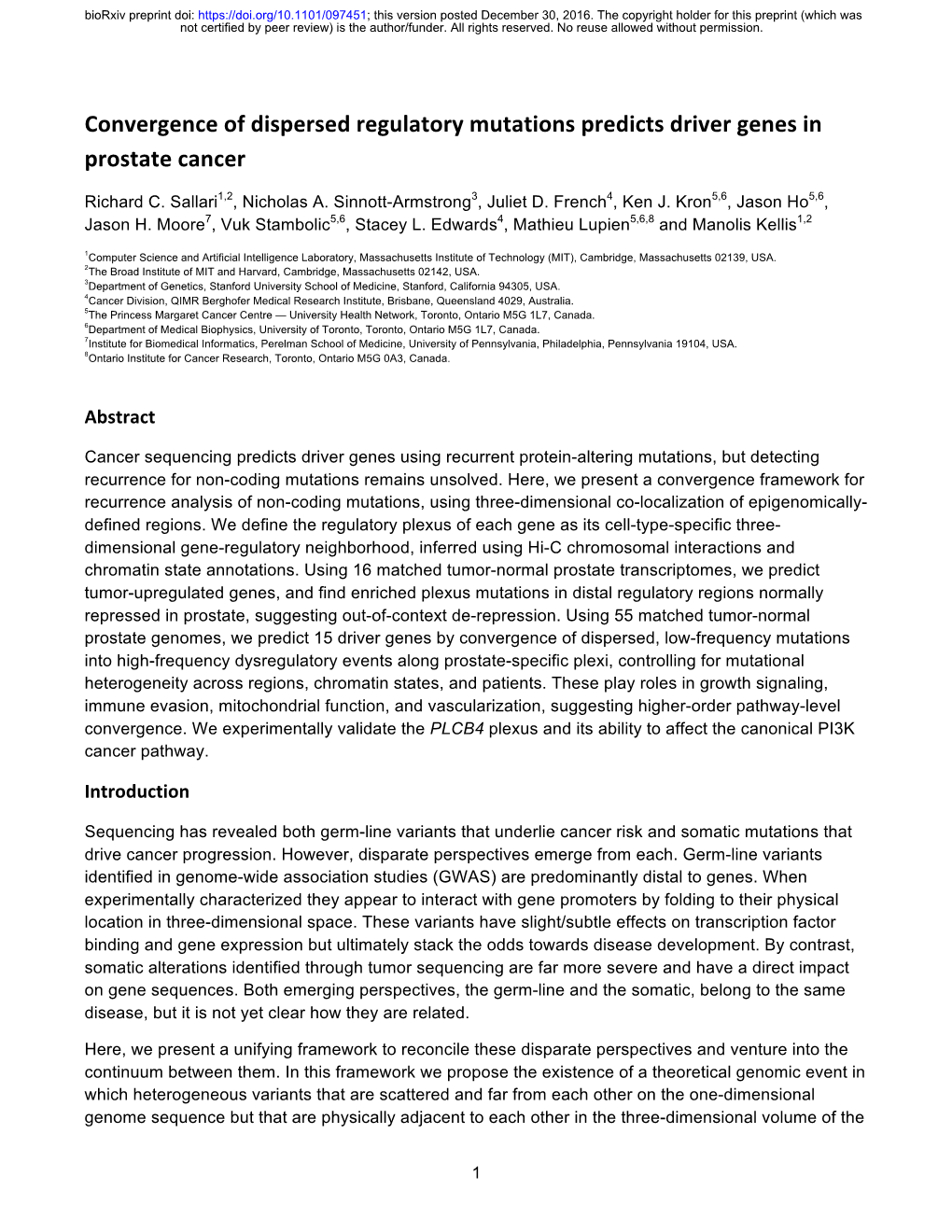 Convergence of Dispersed Regulatory Mutations Predicts Driver Genes in Prostate Cancer