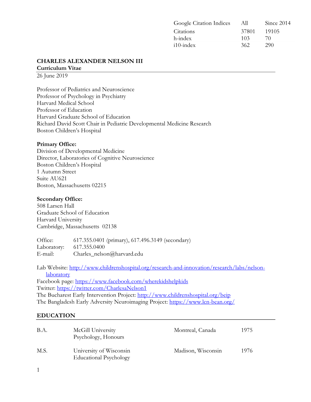 1 CHARLES ALEXANDER NELSON III Curriculum Vitae 26 June 2019