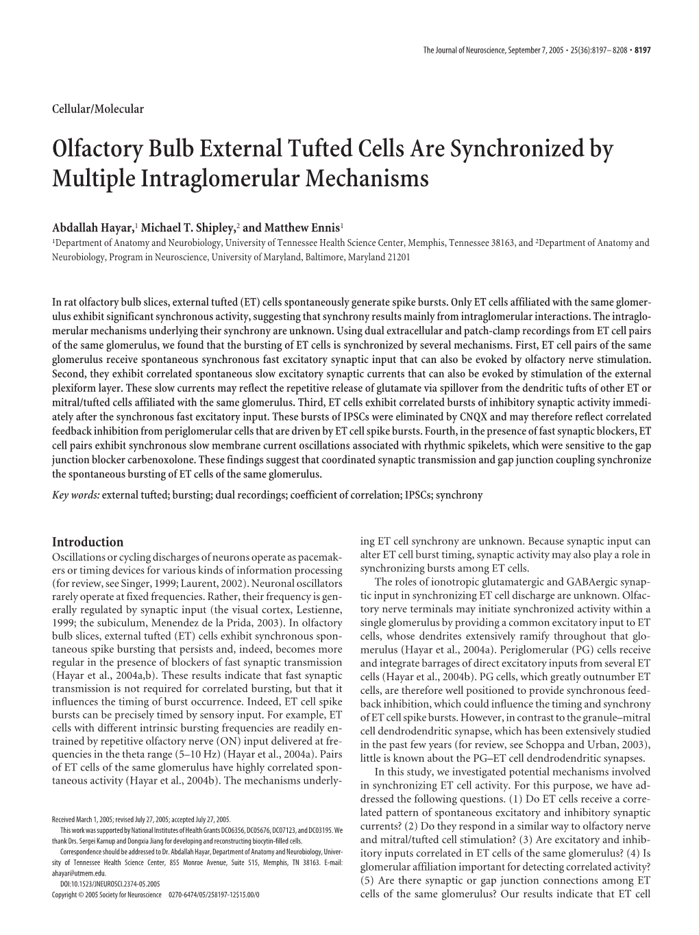 Olfactory Bulb External Tufted Cells Are Synchronized by Multiple Intraglomerular Mechanisms