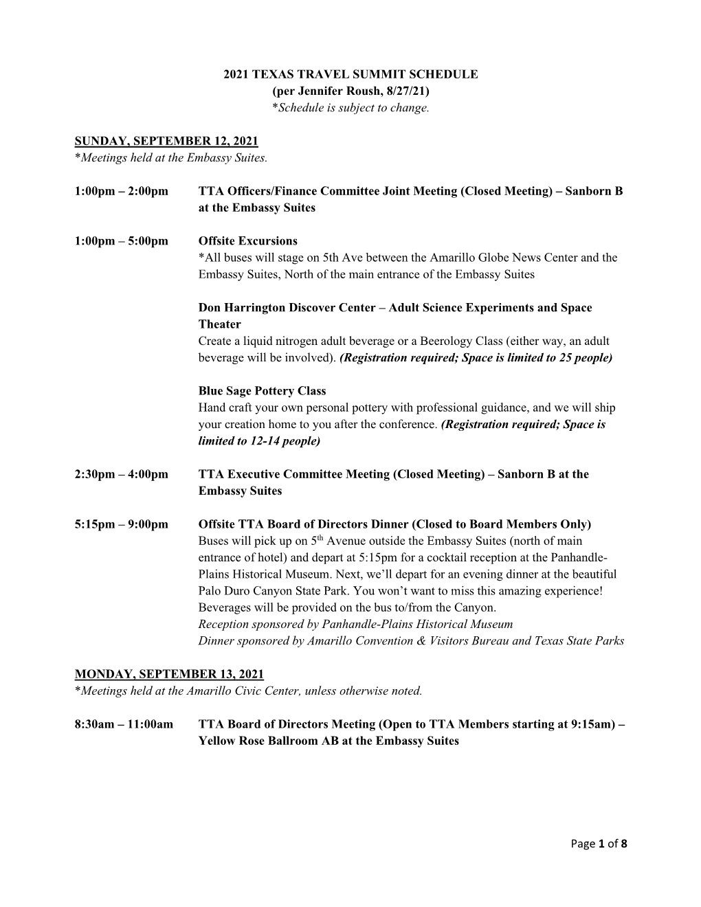 Page 1 of 8 2021 TEXAS TRAVEL SUMMIT SCHEDULE