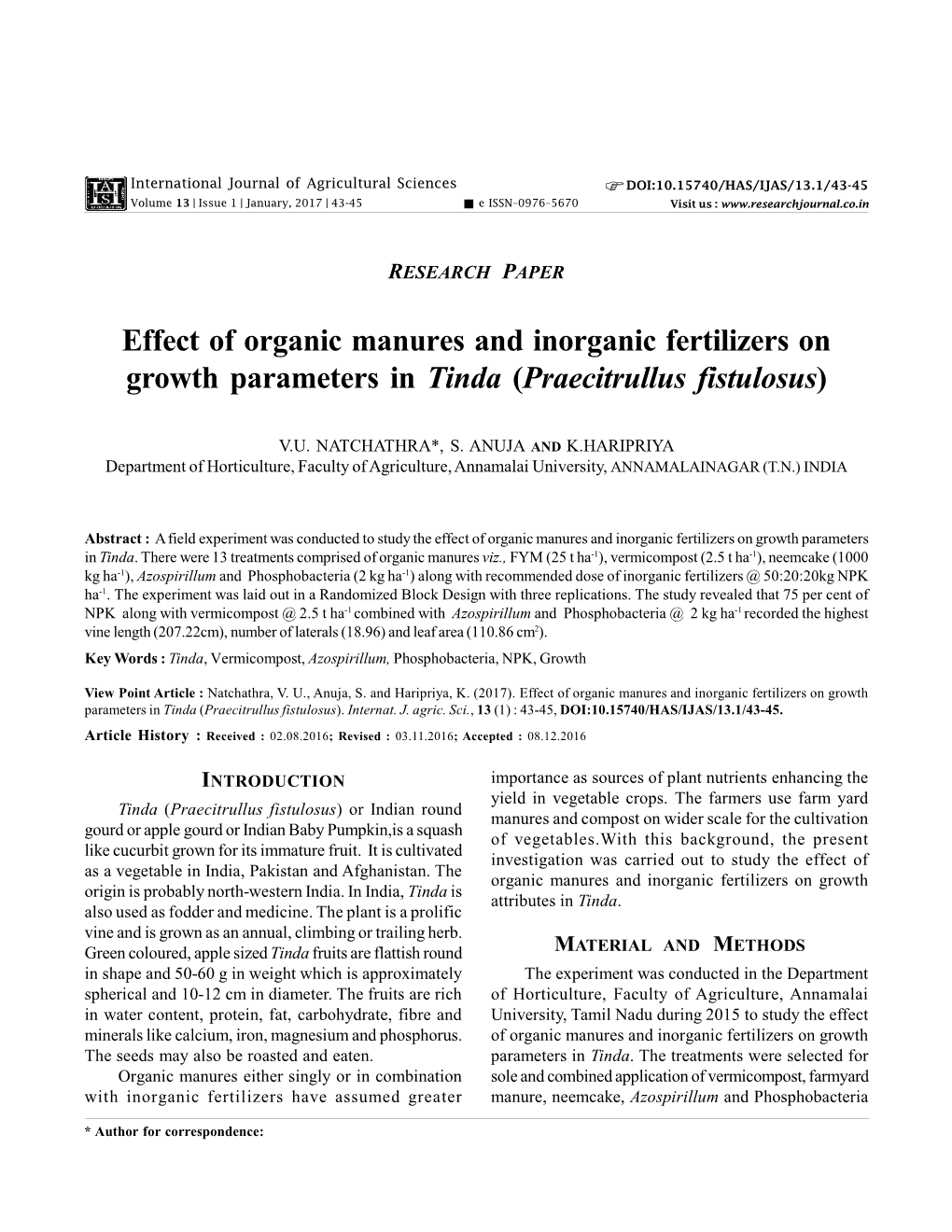 Effect of Organic Manures and Inorganic Fertilizers on Growth Parameters in Tinda (Praecitrullus Fistulosus)